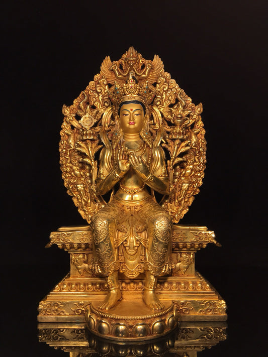 Chinese antique bronze gilded painted face with a strong Buddha statue