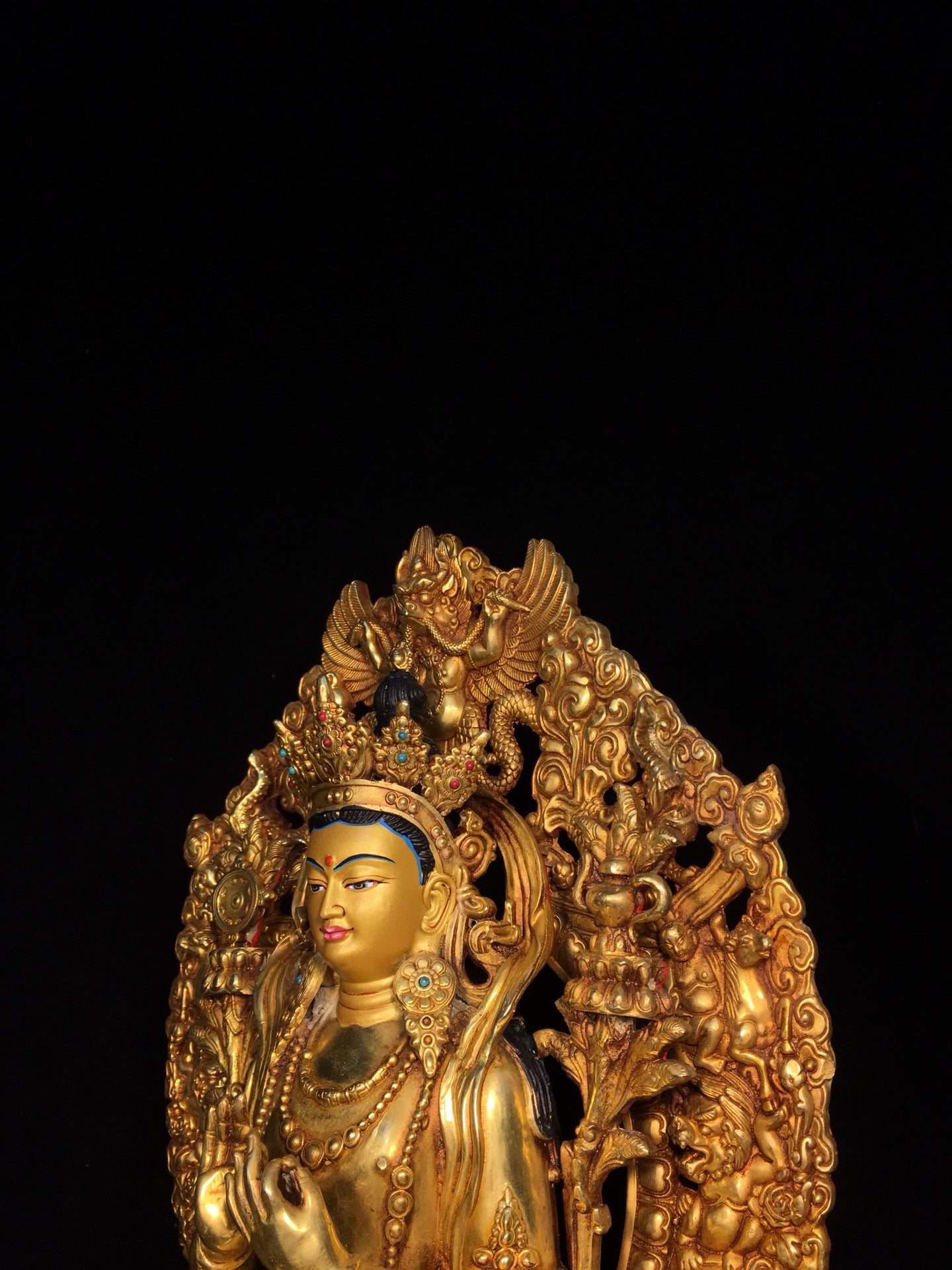 Chinese antique bronze gilded painted face with a strong Buddha statue