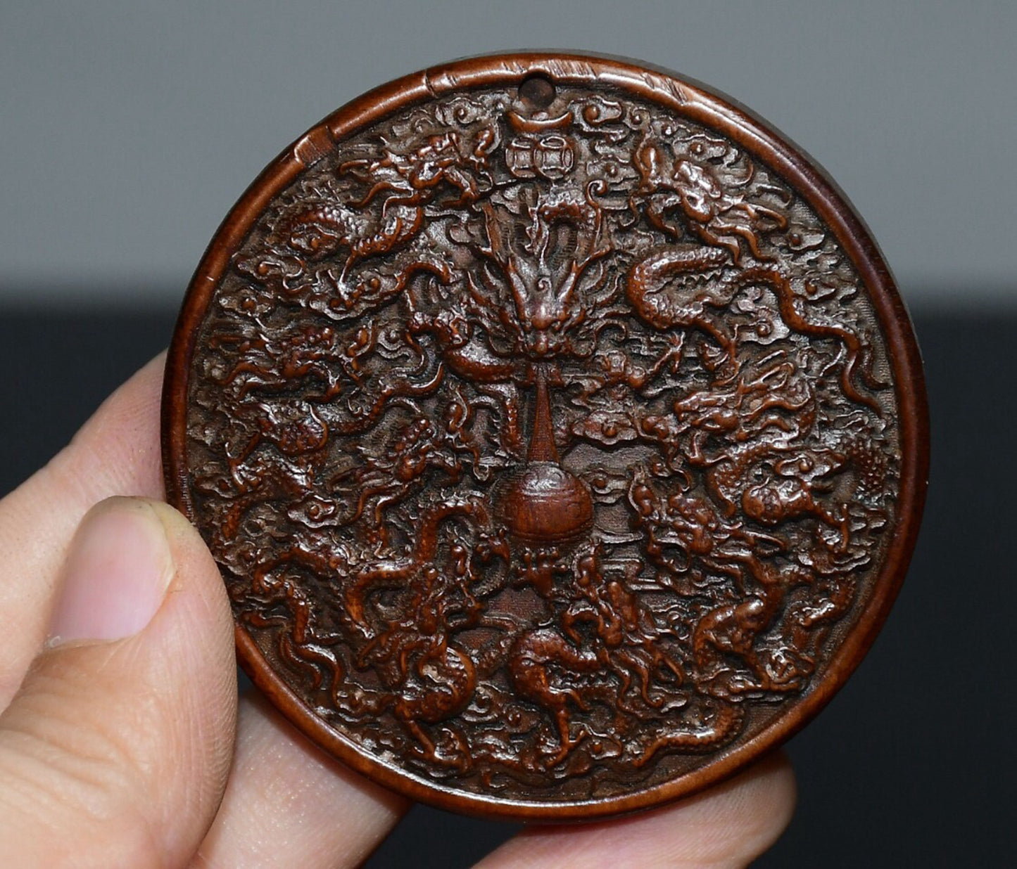 Chinese antique boxwood Nine Dragon pendant