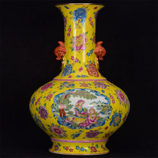 Chinese Antique Figure Pattern Double Ear Gold Painted Bottle