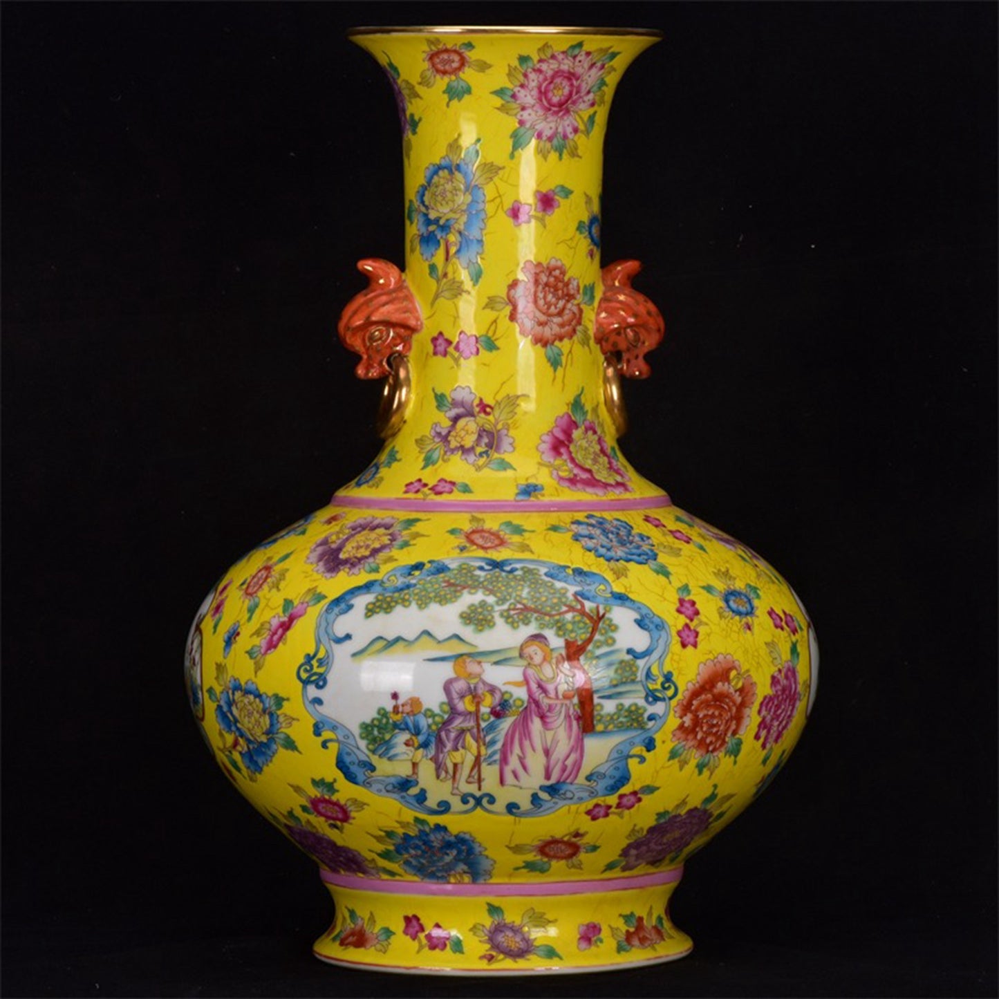 Chinese Antique Figure Pattern Double Ear Gold Painted Bottle
