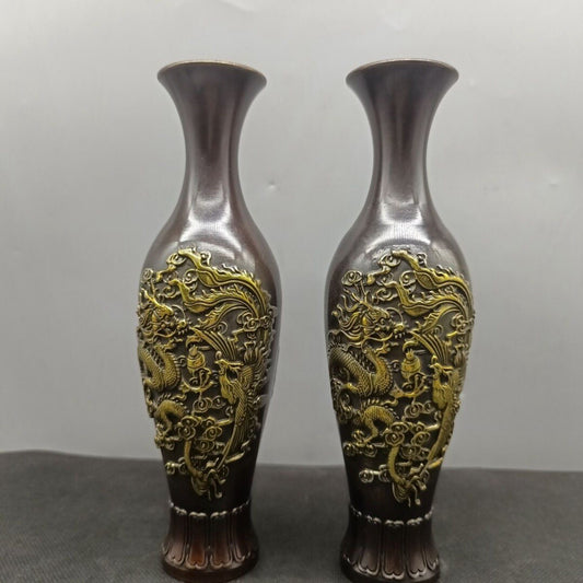 Chinese antique pure copper dragon and phoenix vase