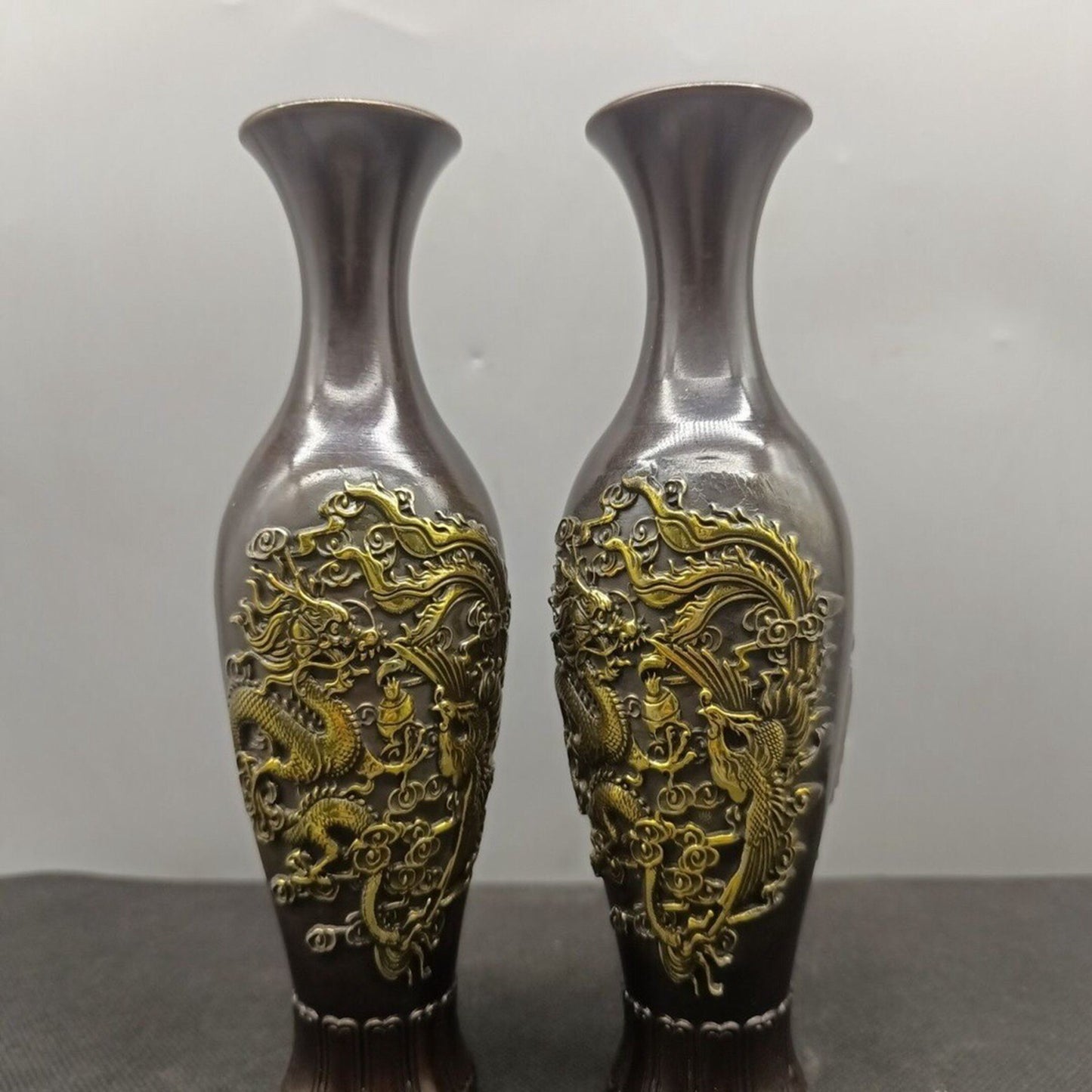 Chinese antique pure copper dragon and phoenix vase