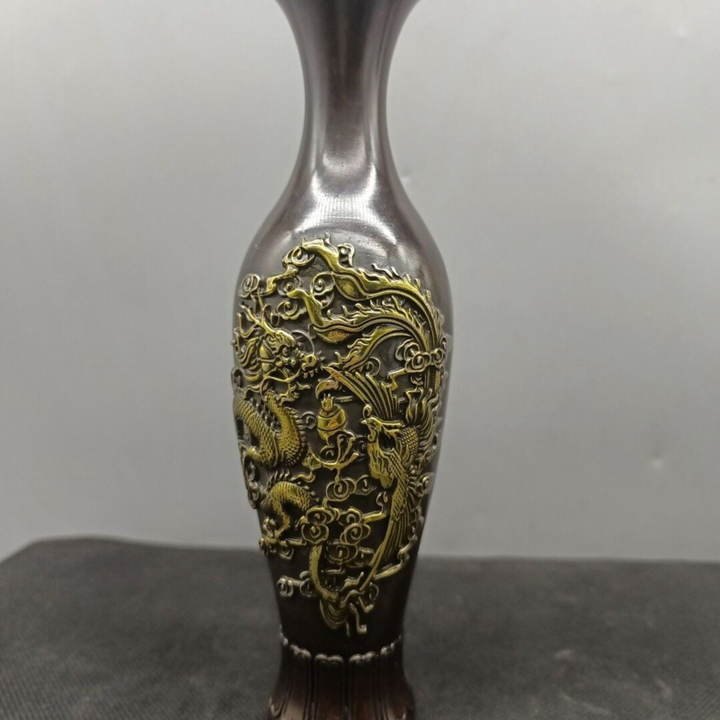 Chinese antique pure copper dragon and phoenix vase