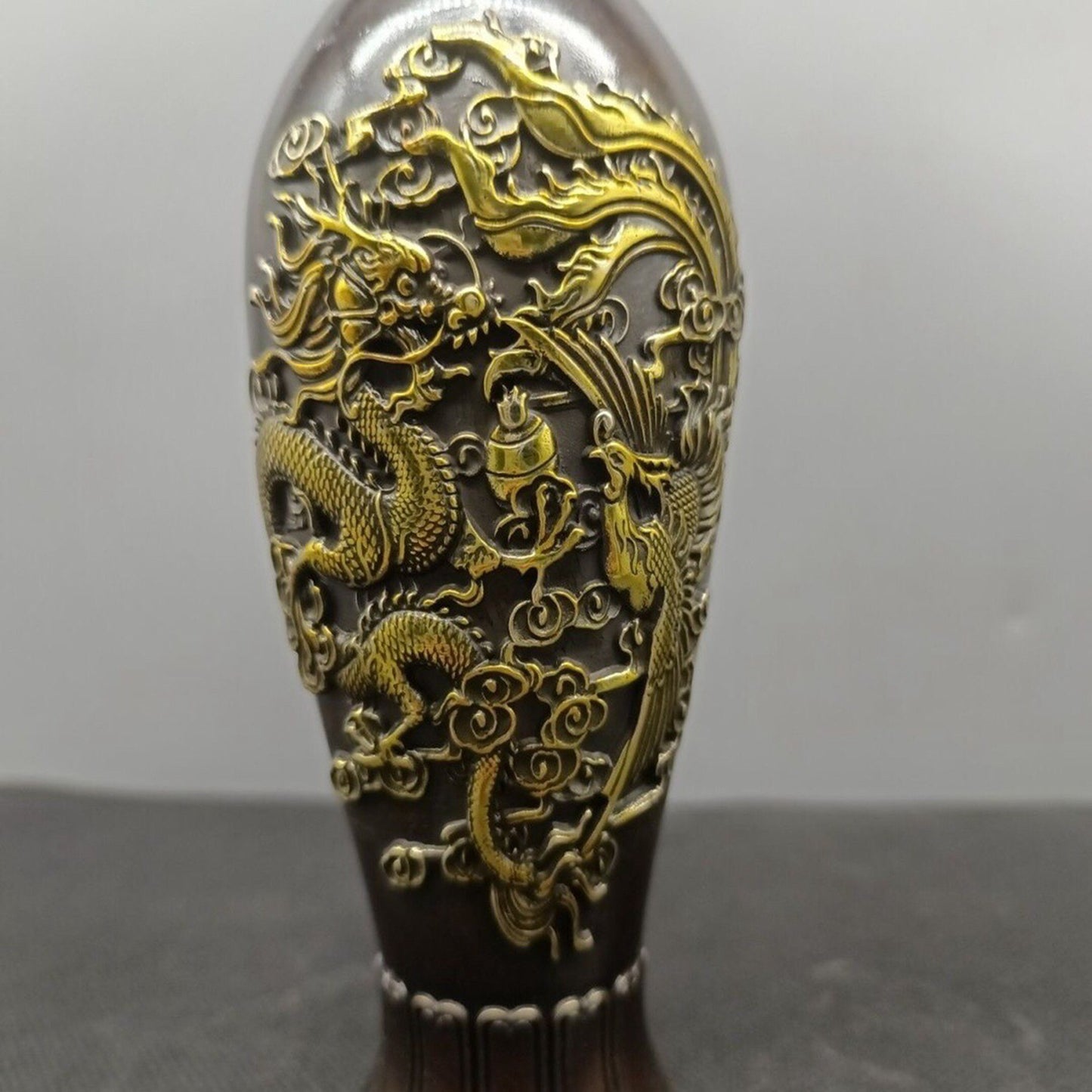 Chinese antique pure copper dragon and phoenix vase