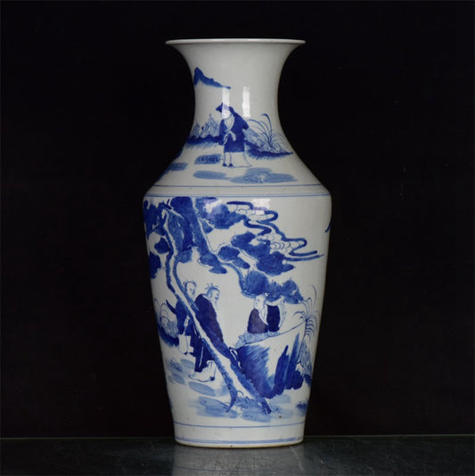 Chinese Antique Blue and White Landscape Pattern Folded Shoulder Bottle