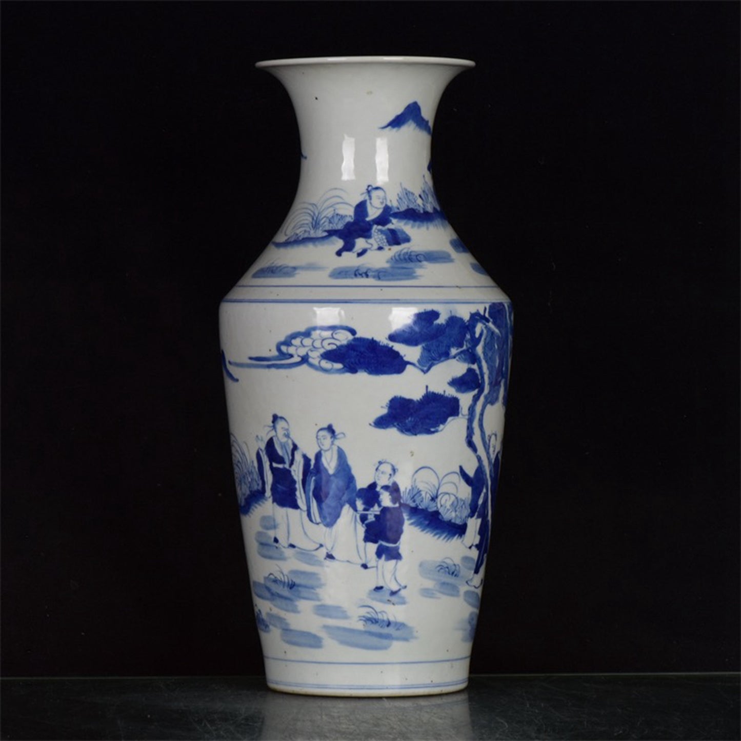 Chinese Antique Blue and White Landscape Pattern Folded Shoulder Bottle
