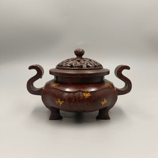Chinese antique Ruyi ear flower covered copper incense burner