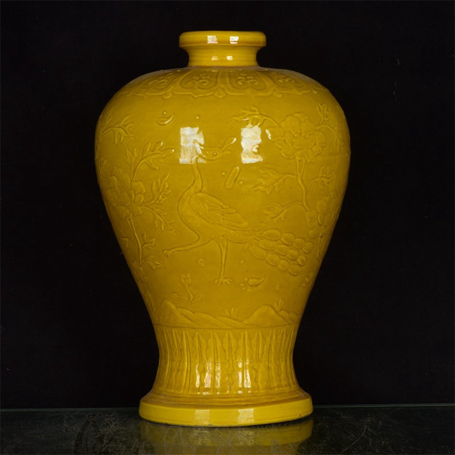 Chinese antique yellow glazed plum vase with flower and bird patterns