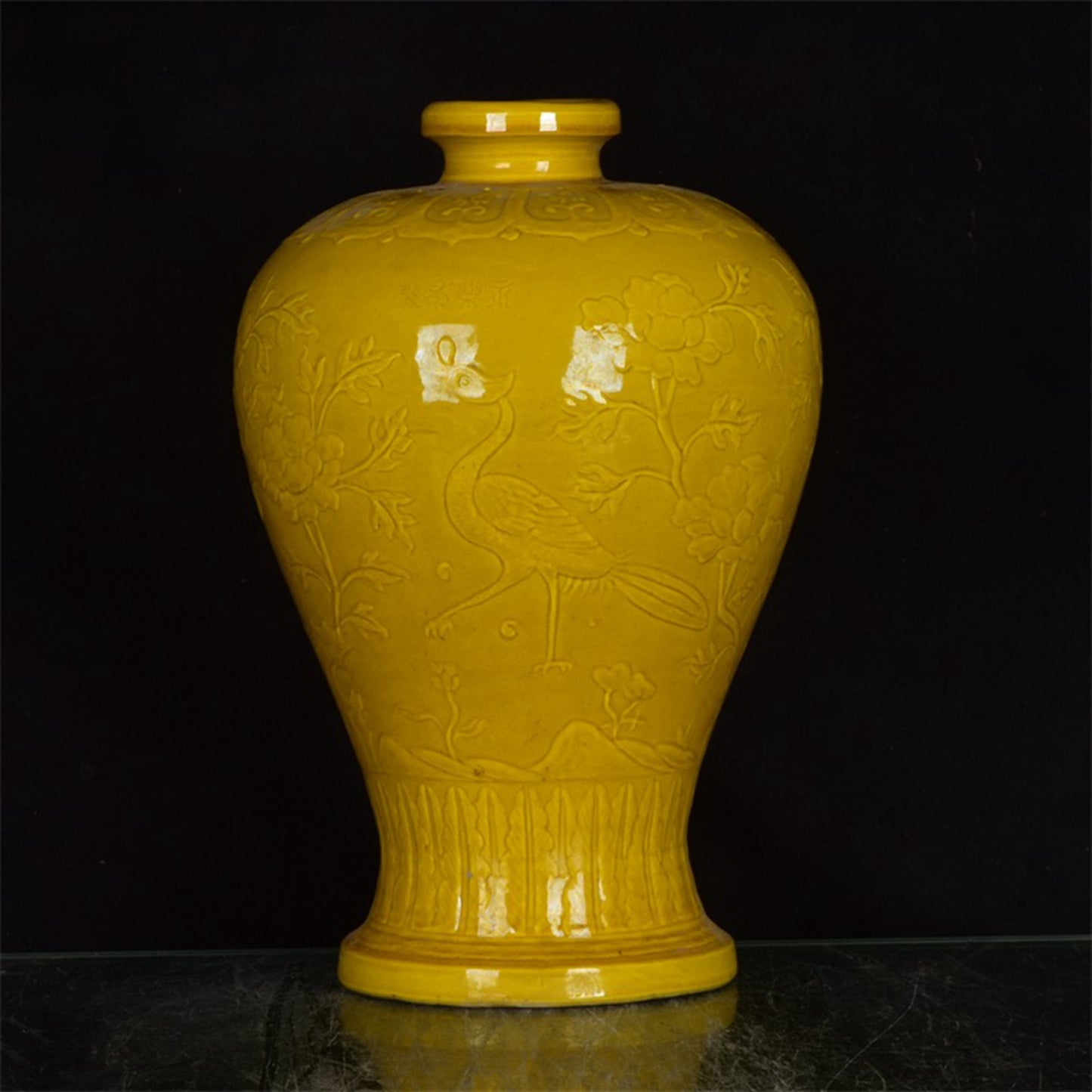 Chinese antique yellow glazed plum vase with flower and bird patterns