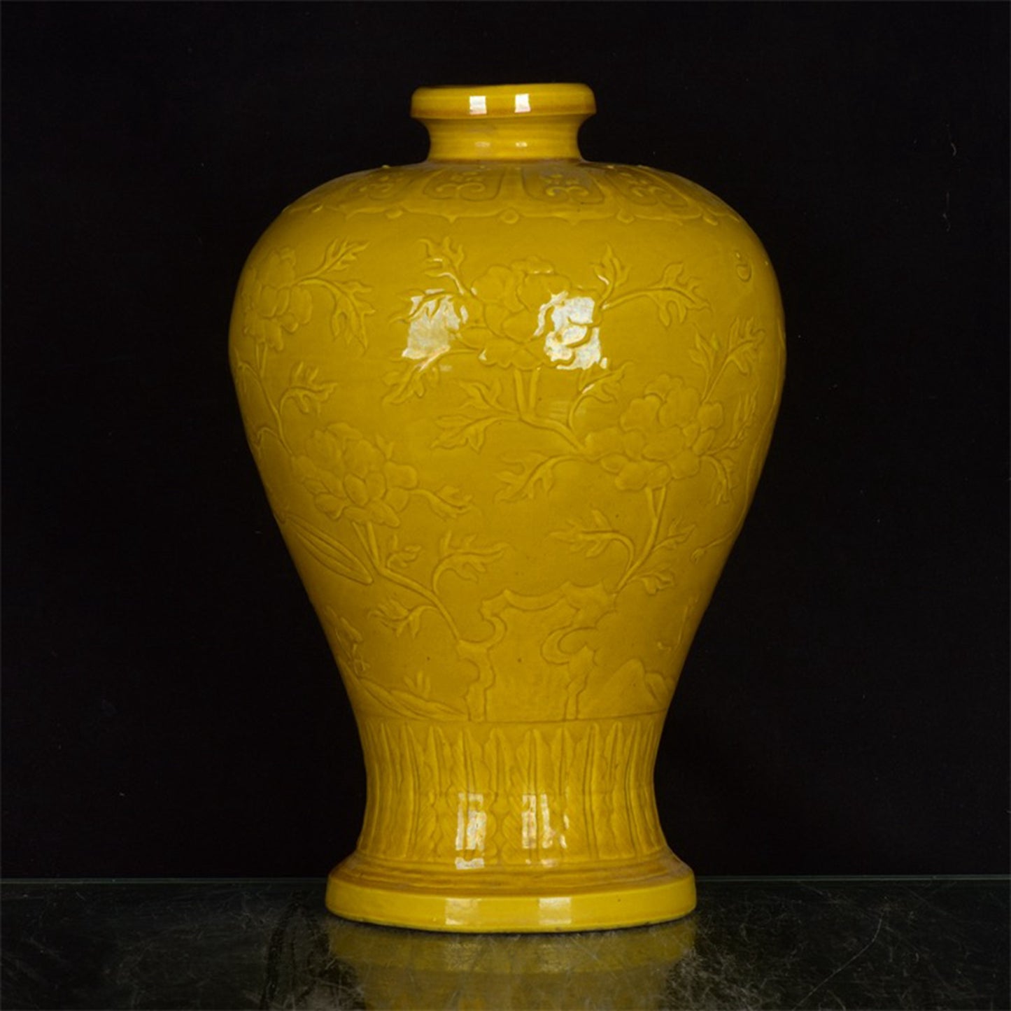 Chinese antique yellow glazed plum vase with flower and bird patterns