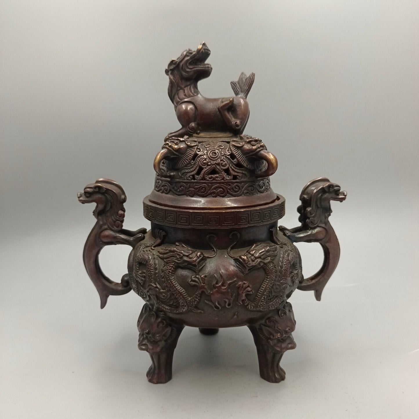 Chinese Antique Double Dragons Playing with Pearls and Pixiu Covering Copper Smoked Incense Stove