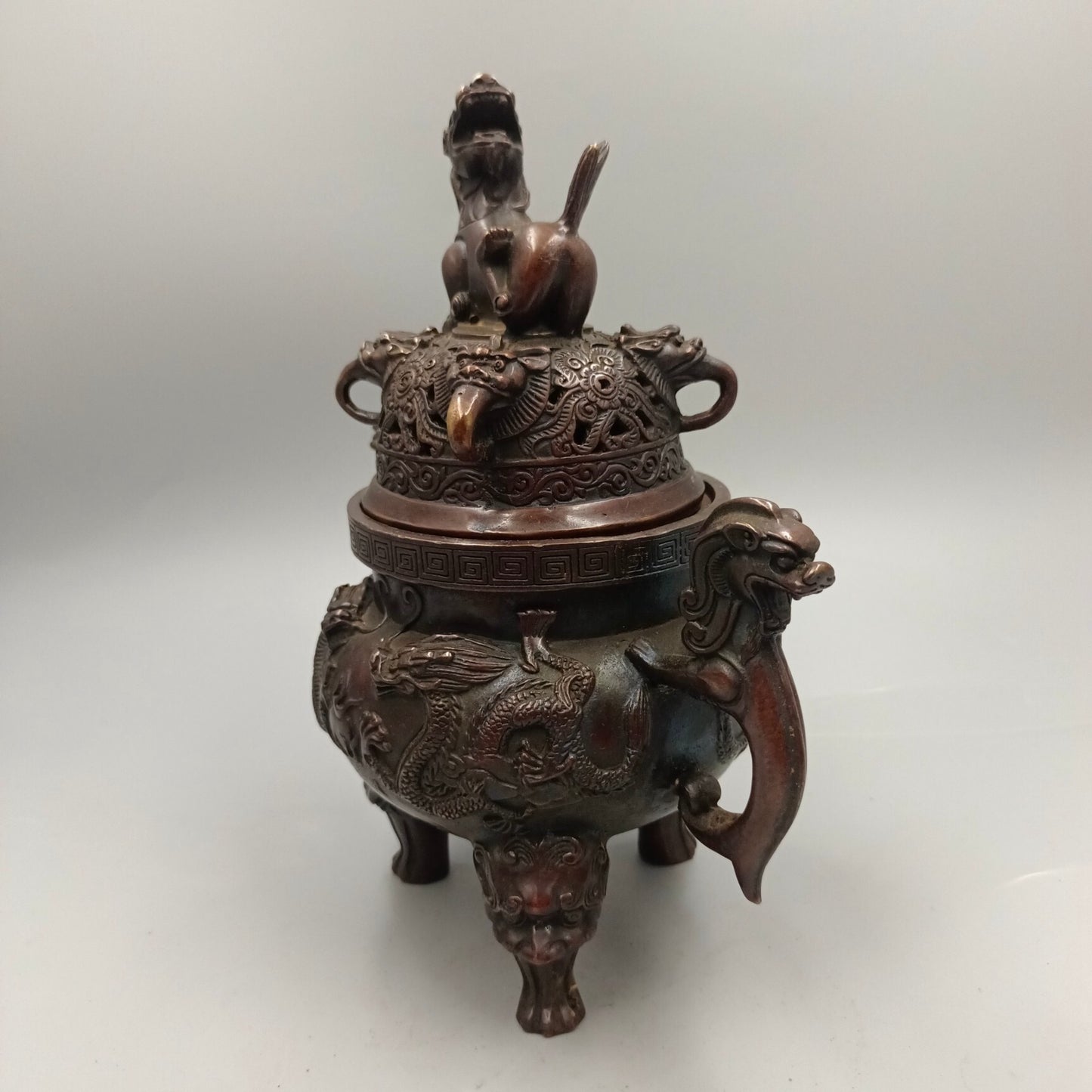 Chinese Antique Double Dragons Playing with Pearls and Pixiu Covering Copper Smoked Incense Stove