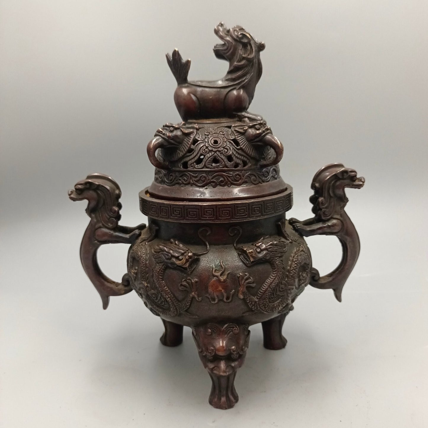 Chinese Antique Double Dragons Playing with Pearls and Pixiu Covering Copper Smoked Incense Stove