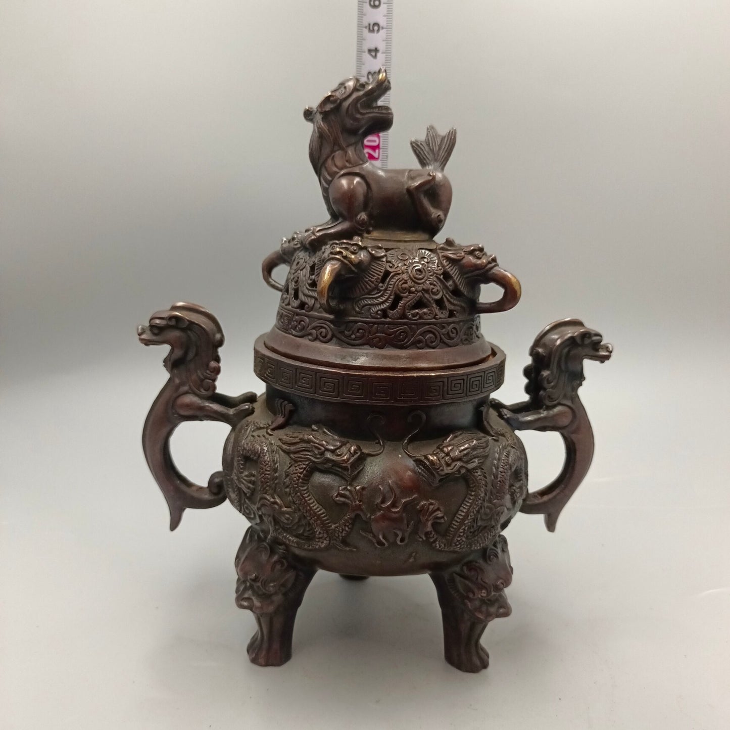 Chinese Antique Double Dragons Playing with Pearls and Pixiu Covering Copper Smoked Incense Stove