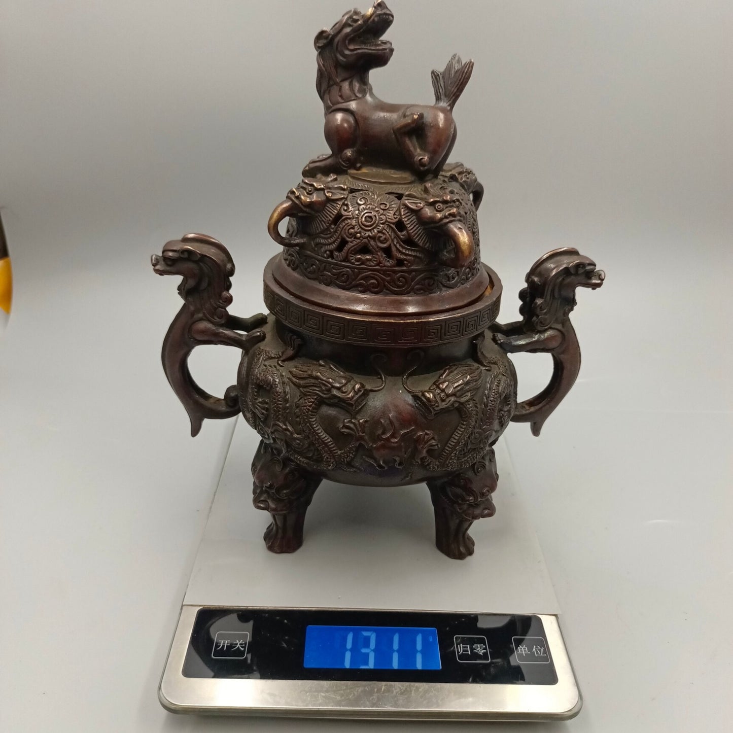 Chinese Antique Double Dragons Playing with Pearls and Pixiu Covering Copper Smoked Incense Stove