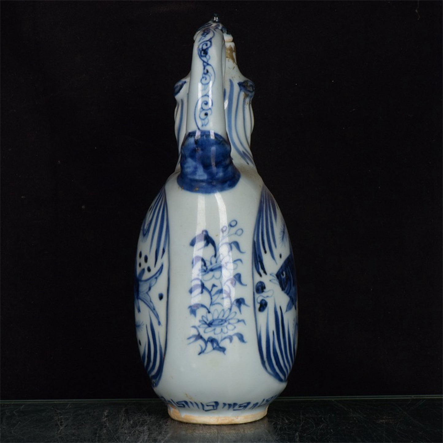 Chinese Antique Blue and White Fish and Algae Pattern Bull Head Pot