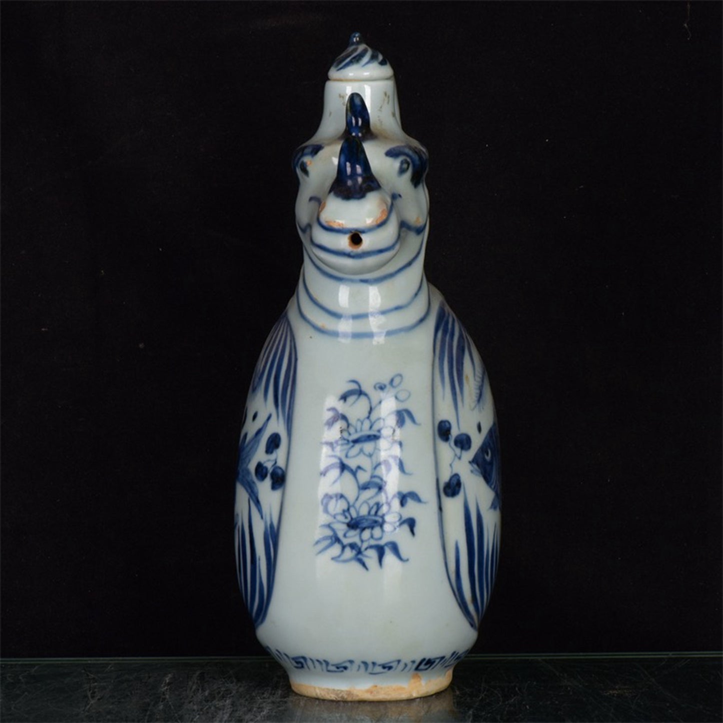 Chinese Antique Blue and White Fish and Algae Pattern Bull Head Pot