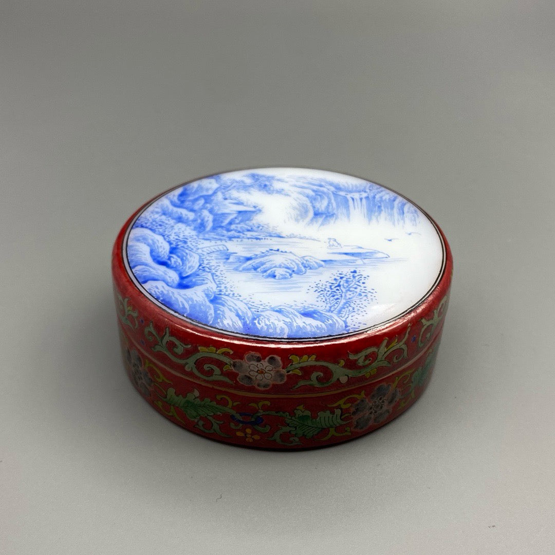 Chinese antique glass handmade painting with blue and white ink cartridges for viewing waterfalls