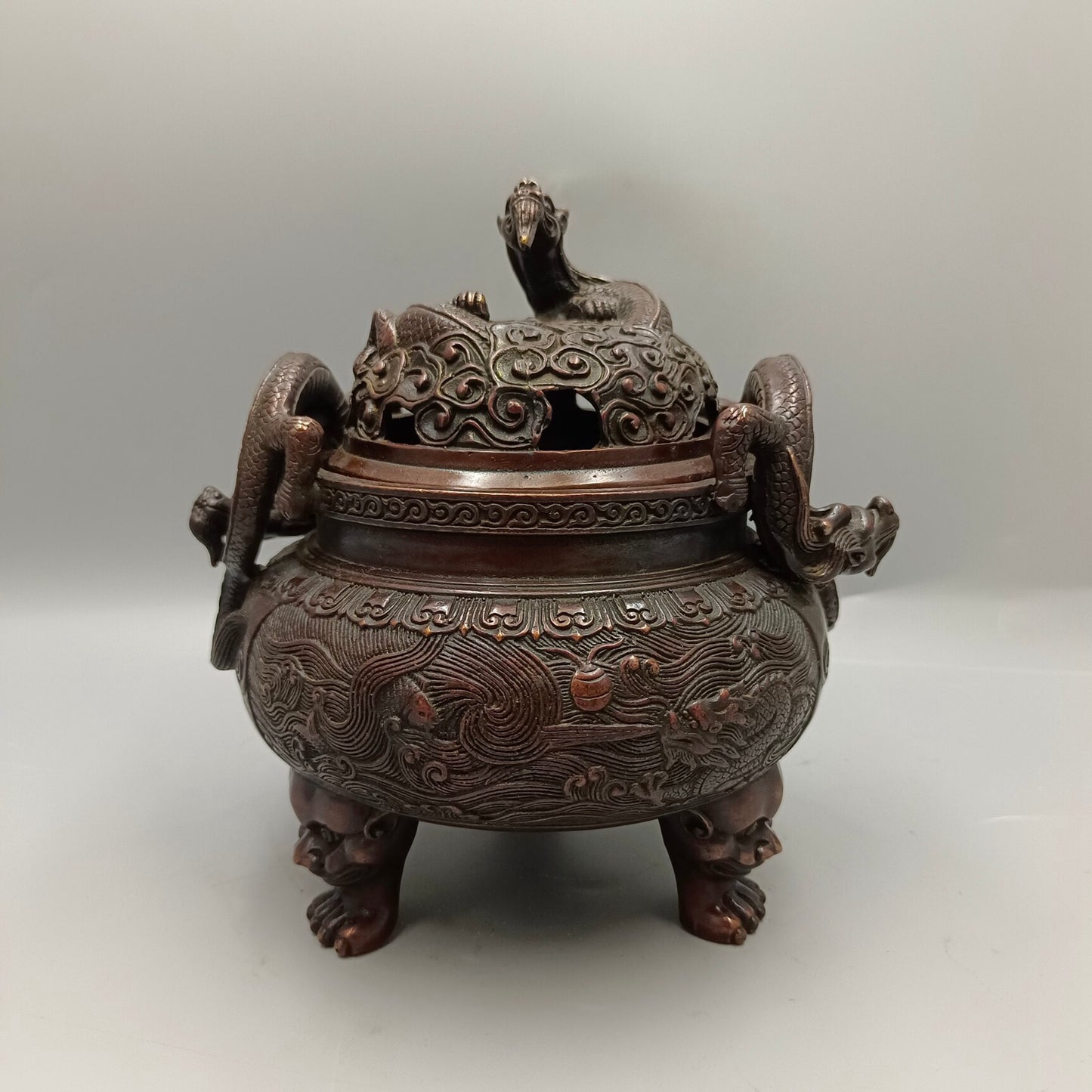 Chinese Antique Fish Leap Dragon Gate Double Dragon Copper Incense Burner
