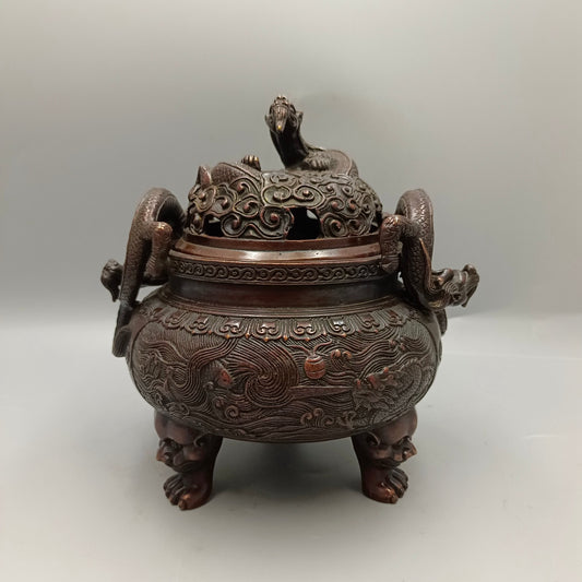 Chinese Antique Fish Leap Dragon Gate Double Dragon Copper Incense Burner