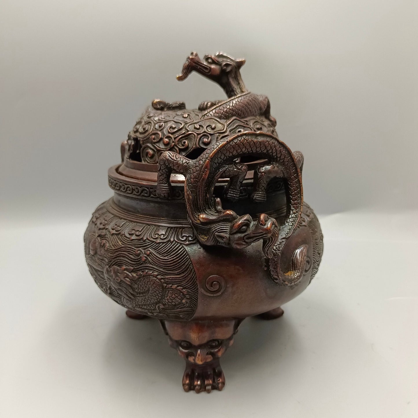 Chinese Antique Fish Leap Dragon Gate Double Dragon Copper Incense Burner