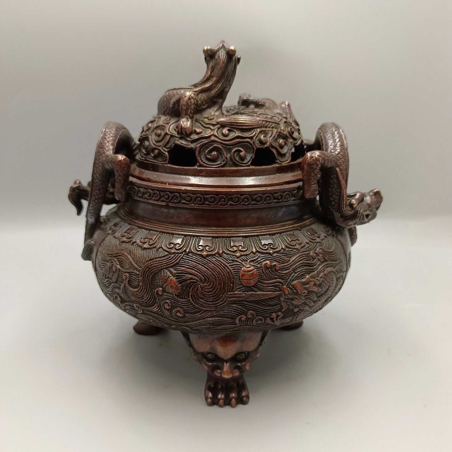 Chinese Antique Fish Leap Dragon Gate Double Dragon Copper Incense Burner