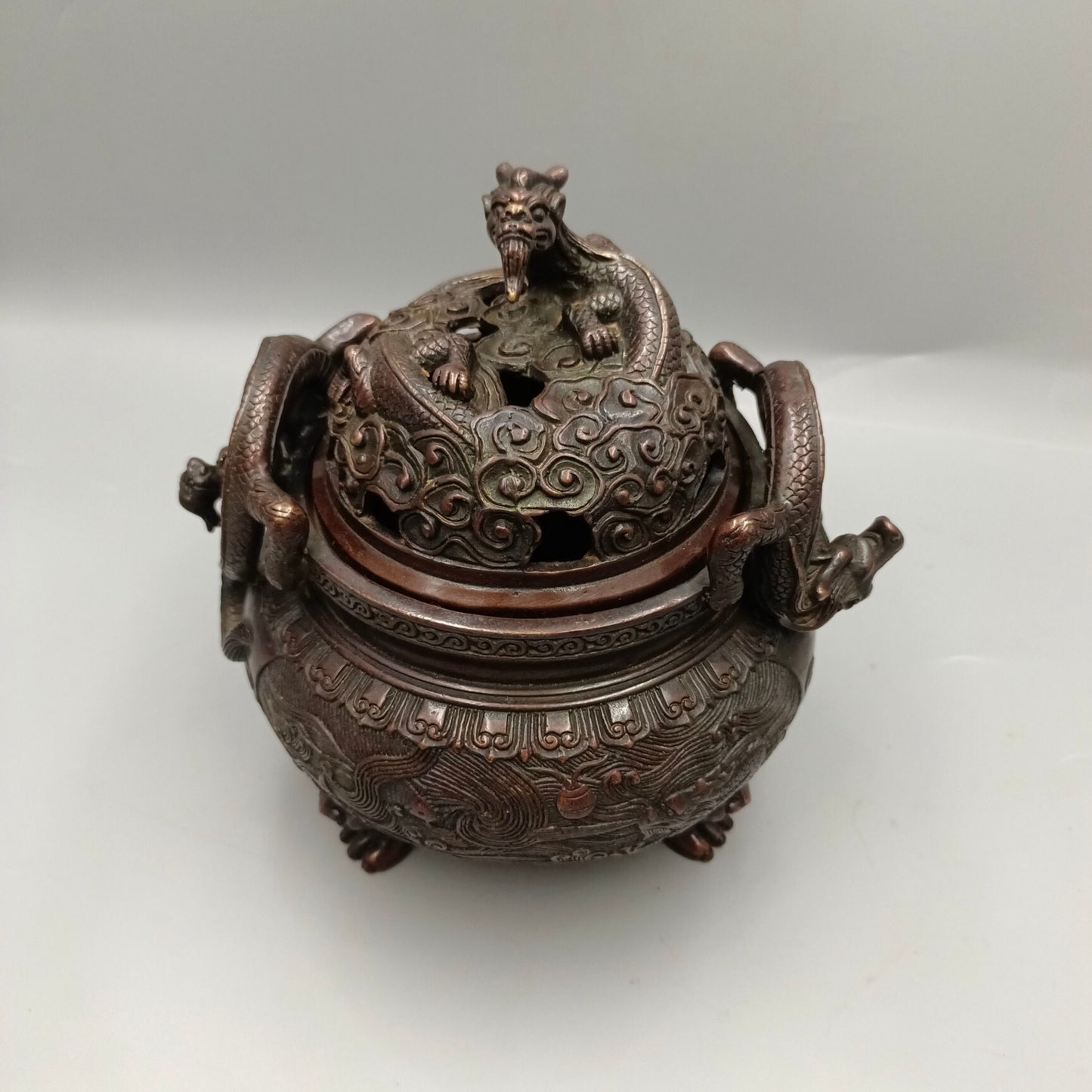 Chinese Antique Fish Leap Dragon Gate Double Dragon Copper Incense Burner