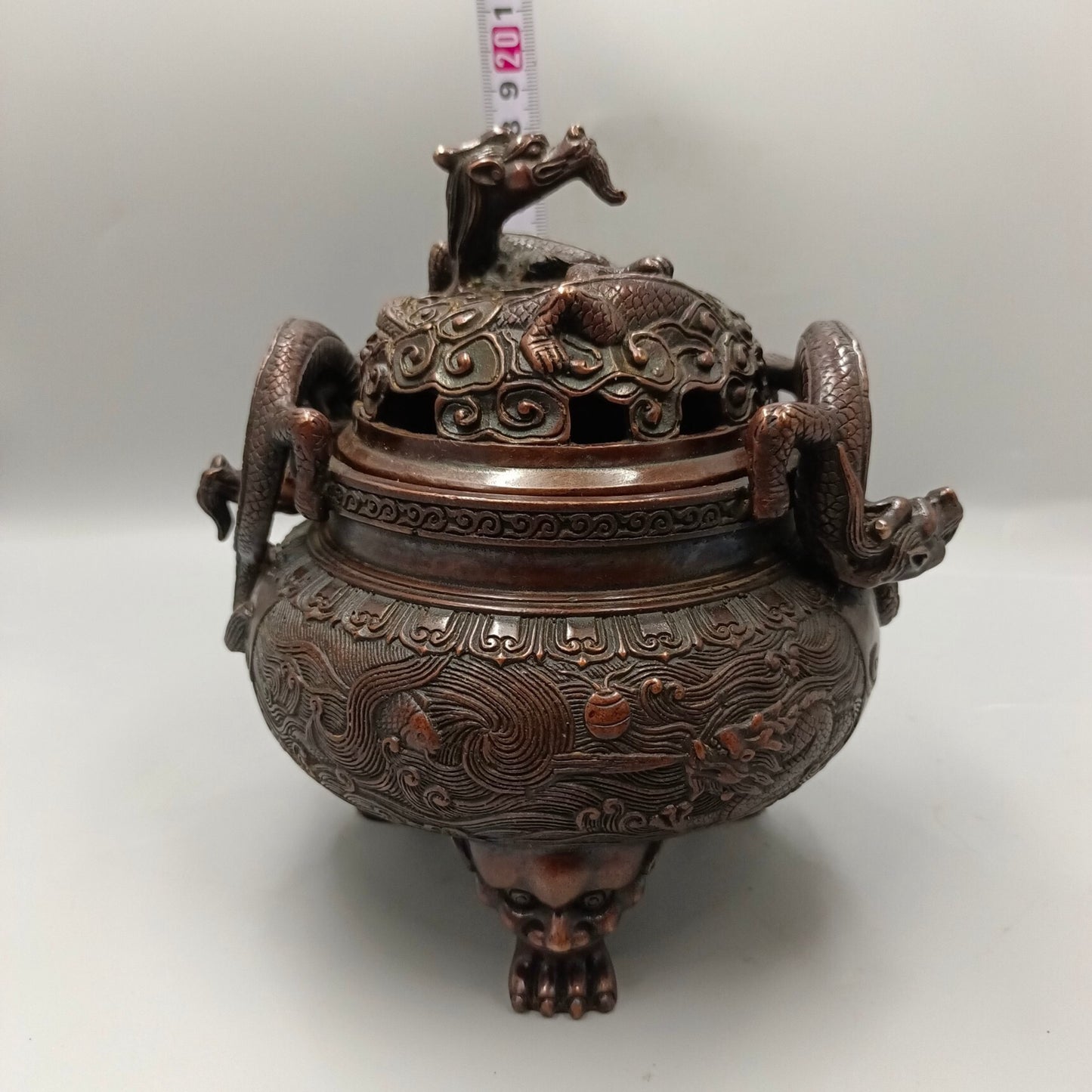 Chinese Antique Fish Leap Dragon Gate Double Dragon Copper Incense Burner