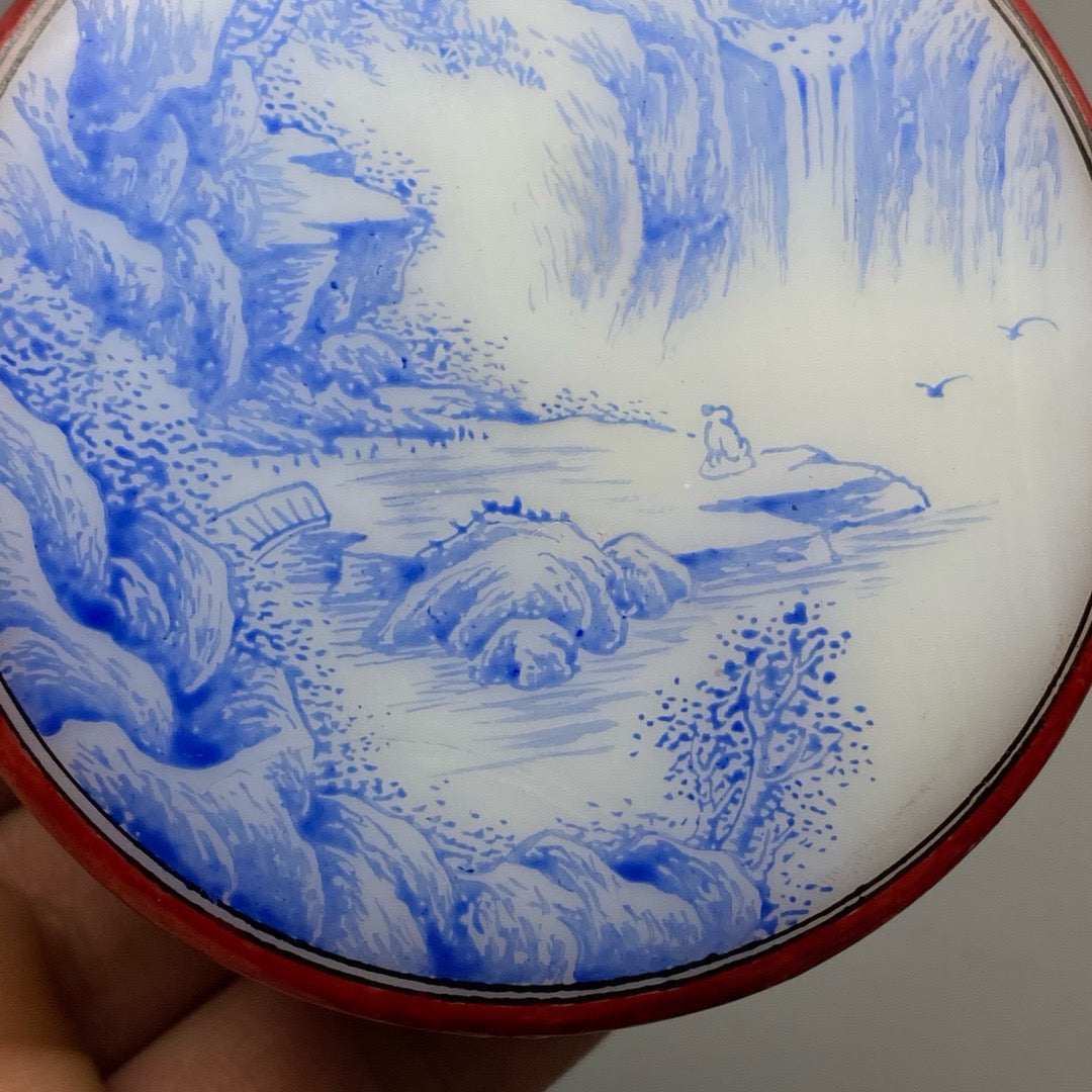 Chinese antique glass handmade painting with blue and white ink cartridges for viewing waterfalls