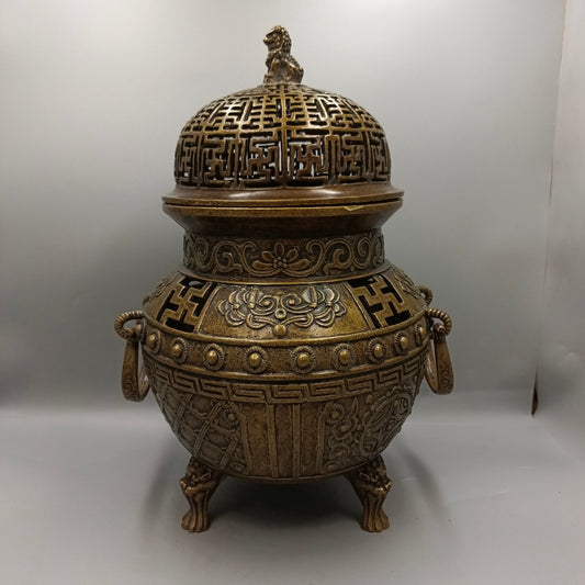 Chinese Antique Double Ring Lion Cover Storage Stove Copper Fumigation Incense Stove