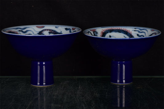 Chinese antique blue and white glazed red dragon patterned high legged bowl
