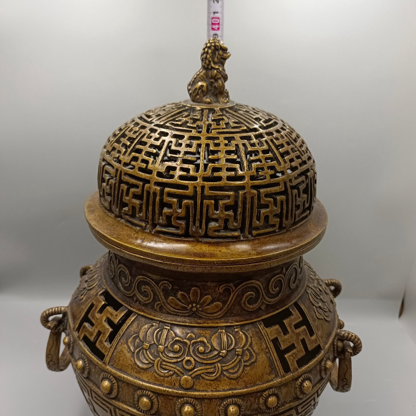 Chinese Antique Double Ring Lion Cover Storage Stove Copper Fumigation Incense Stove