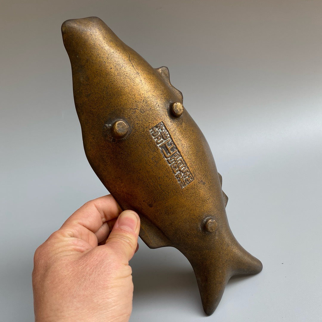 Chinese Antique Pure Copper Big Fish Butterfly Inkstone Pool