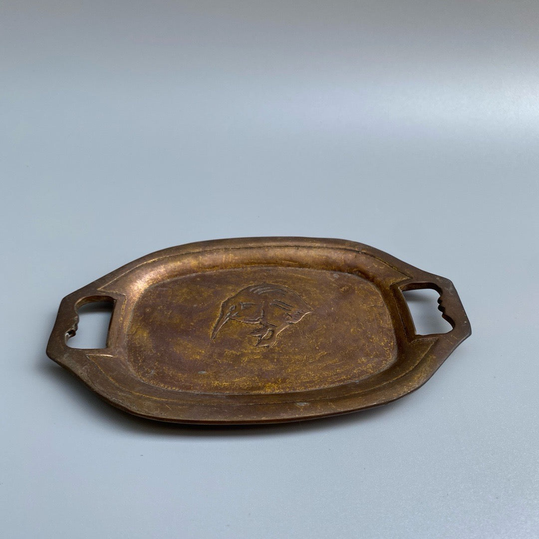 Chinese antique pure copper chicken inkstone pond