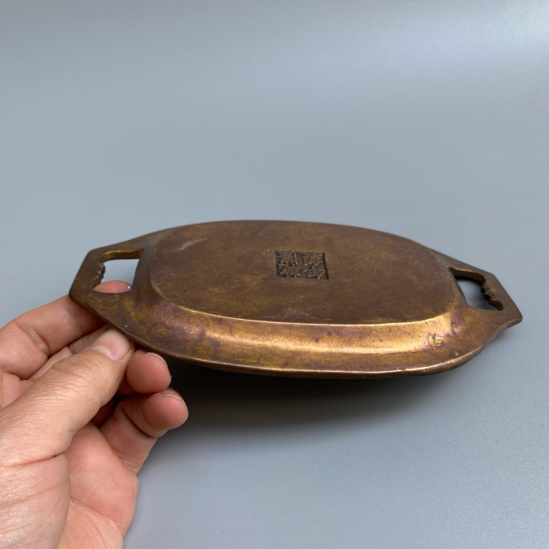 Chinese antique pure copper chicken inkstone pond