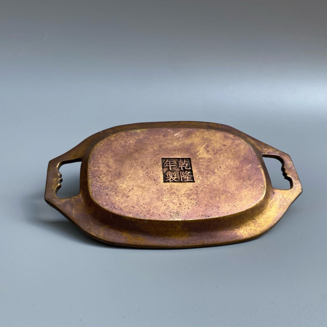 Chinese antique pure copper chicken inkstone pond