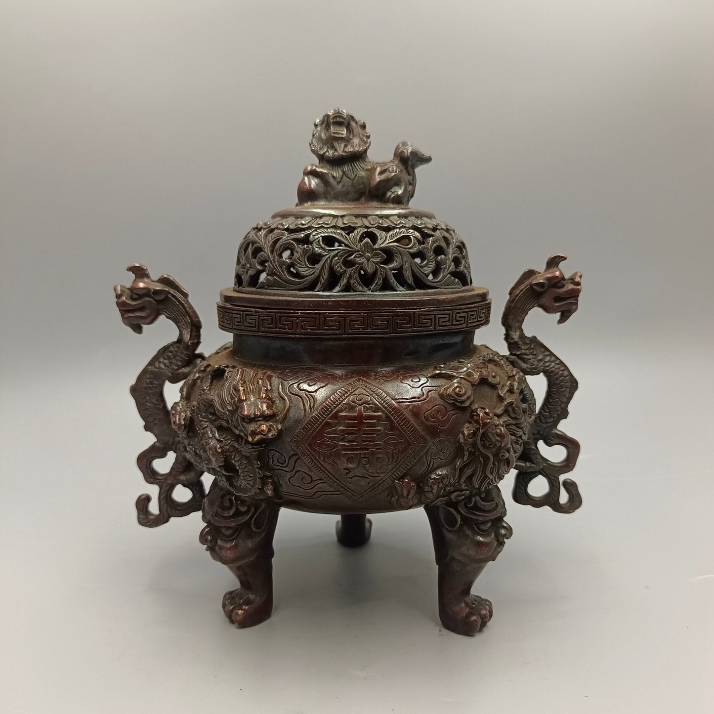 Chinese Antique Double Dragon Fushou Stove, Lion Lid Stove, Copper Smoke Incense Stove
