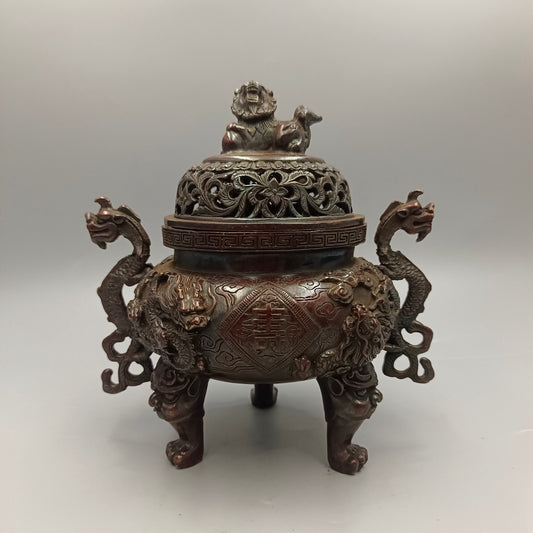 Chinese Antique Double Dragon Fushou Stove, Lion Lid Stove, Copper Smoke Incense Stove