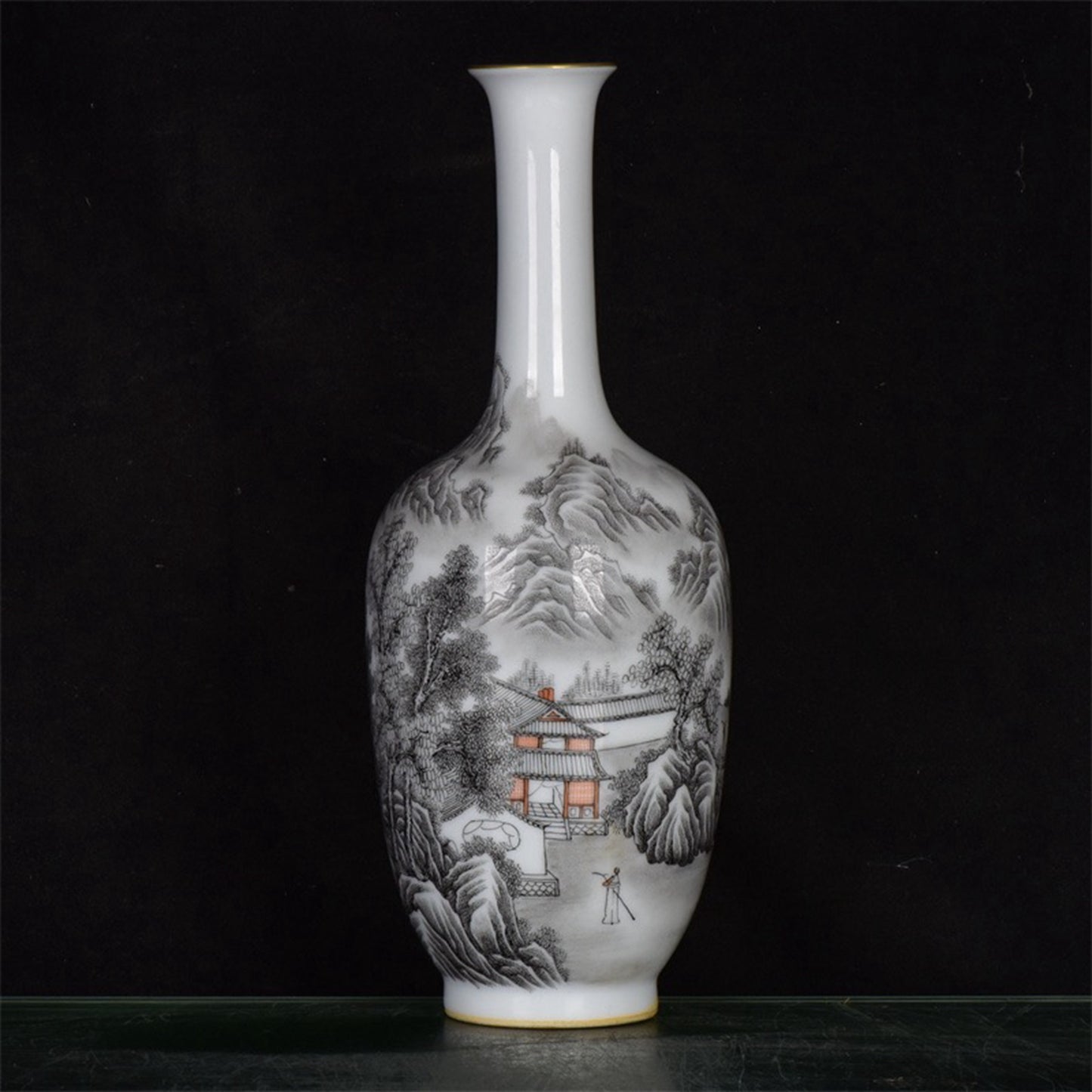Chinese antique ink colored landscape patterned long necked bottle