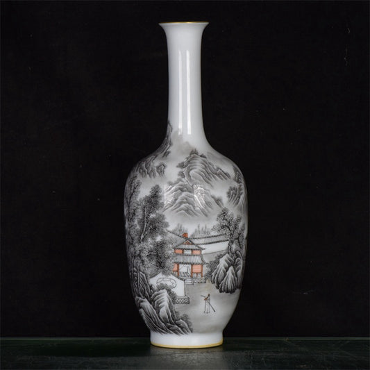 Chinese antique ink colored landscape patterned long necked bottle