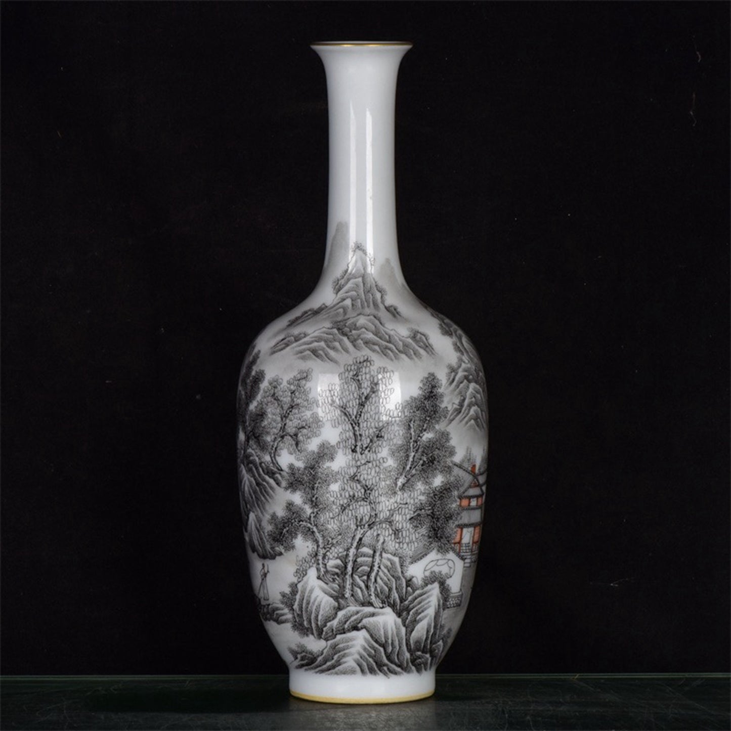 Chinese antique ink colored landscape patterned long necked bottle