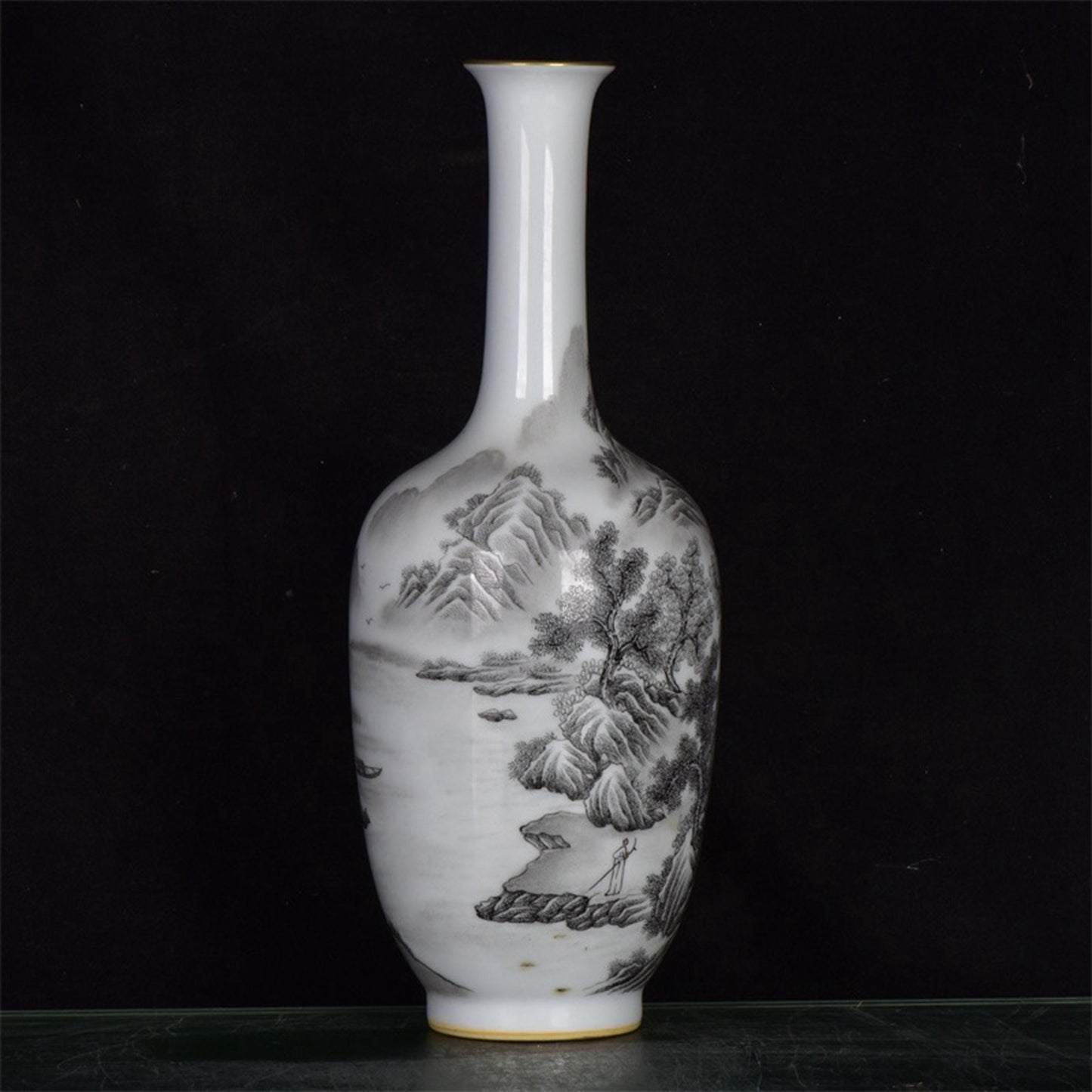 Chinese antique ink colored landscape patterned long necked bottle