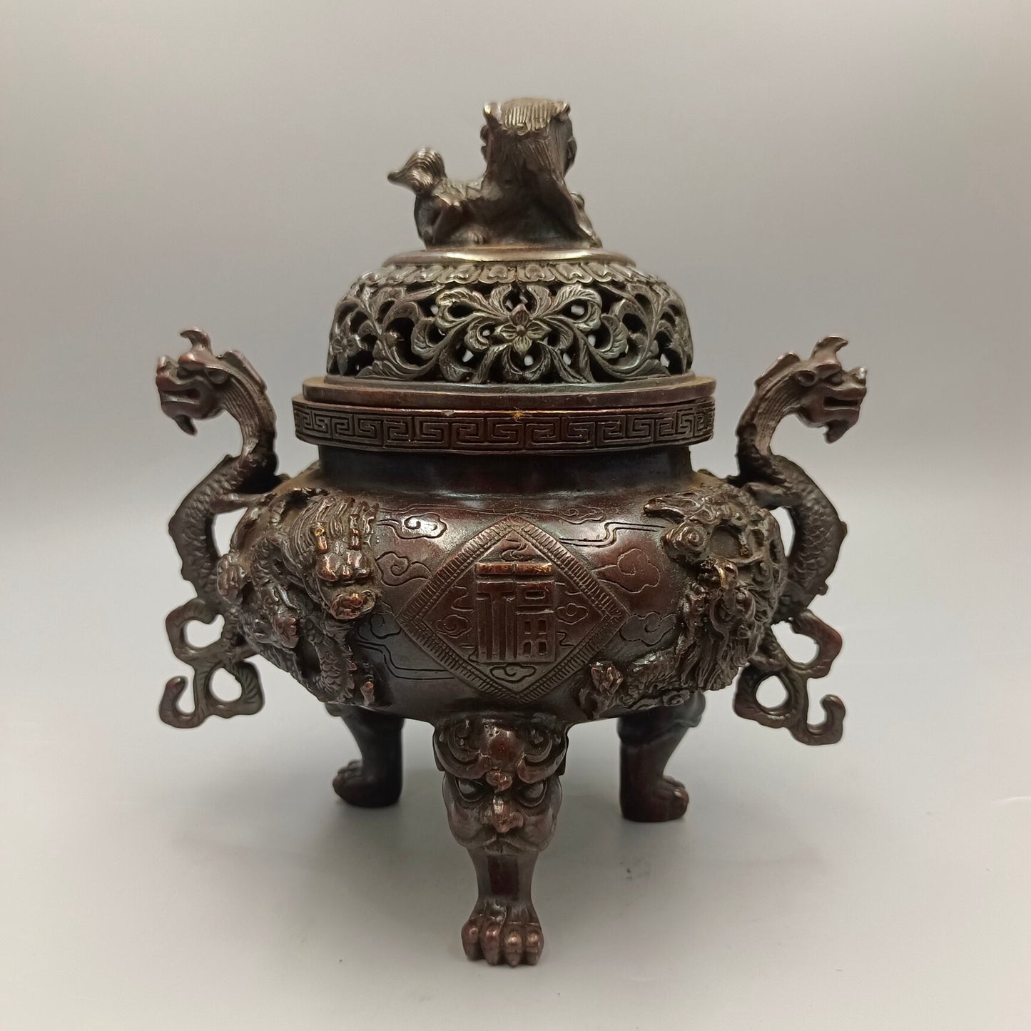 Chinese Antique Double Dragon Fushou Stove, Lion Lid Stove, Copper Smoke Incense Stove
