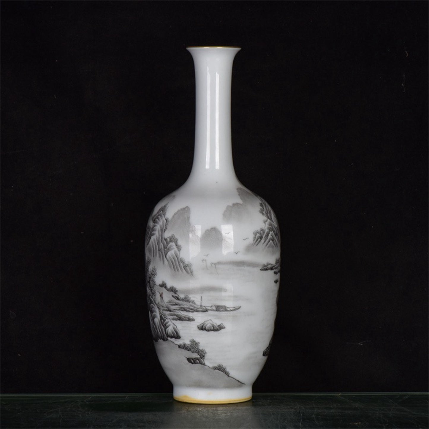 Chinese antique ink colored landscape patterned long necked bottle