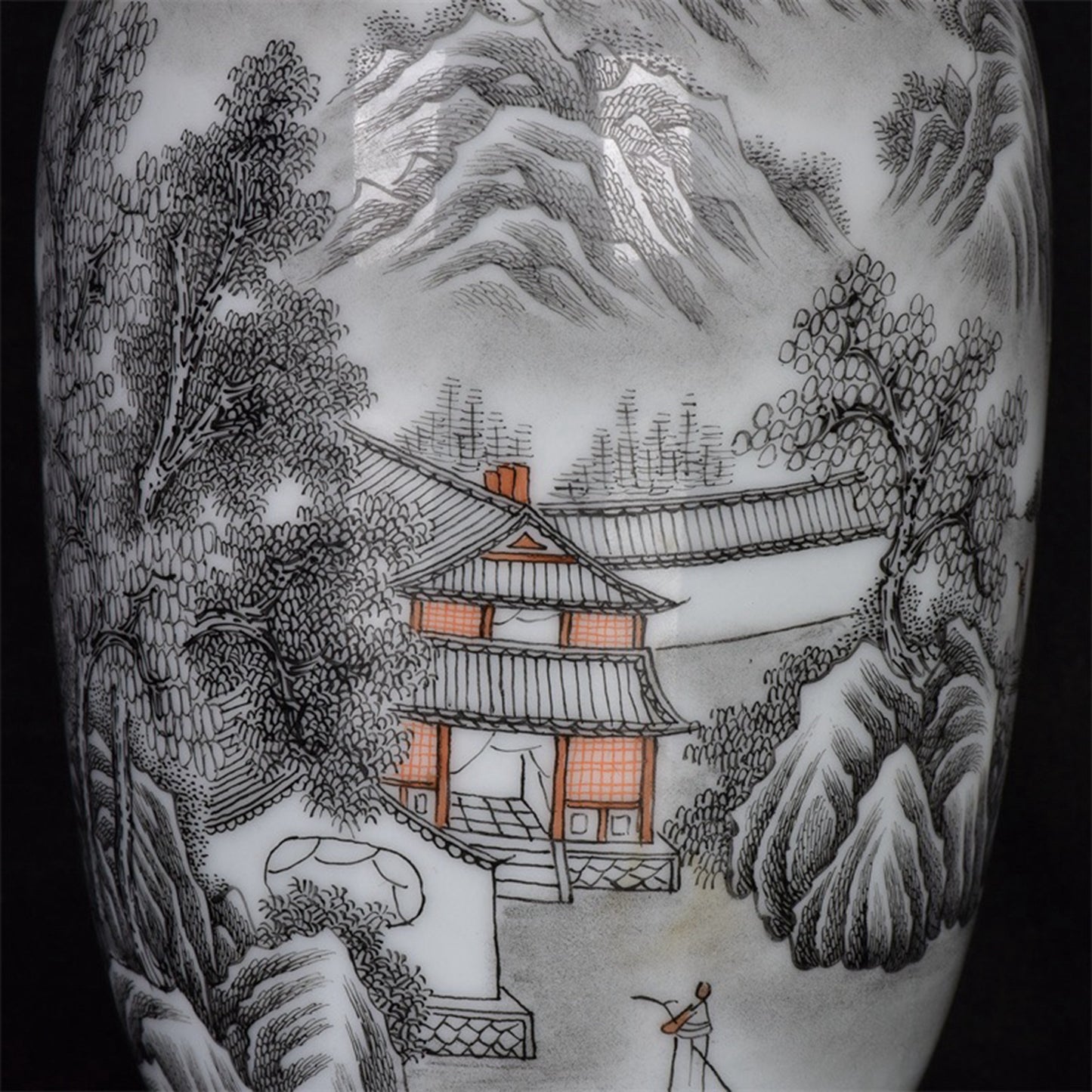 Chinese antique ink colored landscape patterned long necked bottle