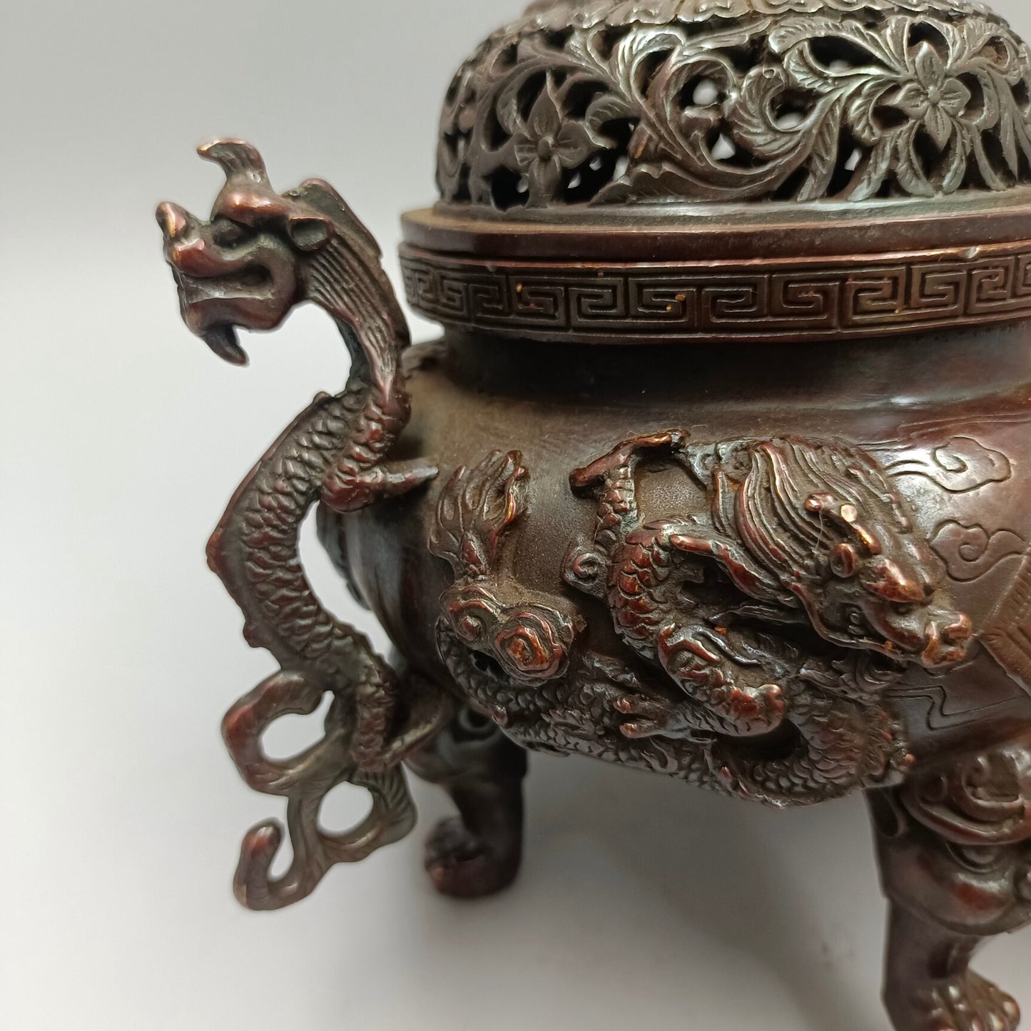 Chinese Antique Double Dragon Fushou Stove, Lion Lid Stove, Copper Smoke Incense Stove