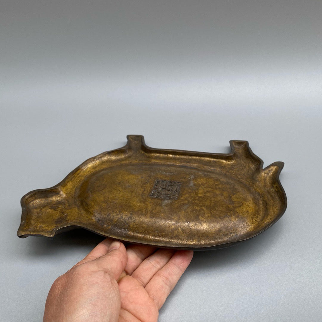 Chinese antique pure copper ox inkstone pool