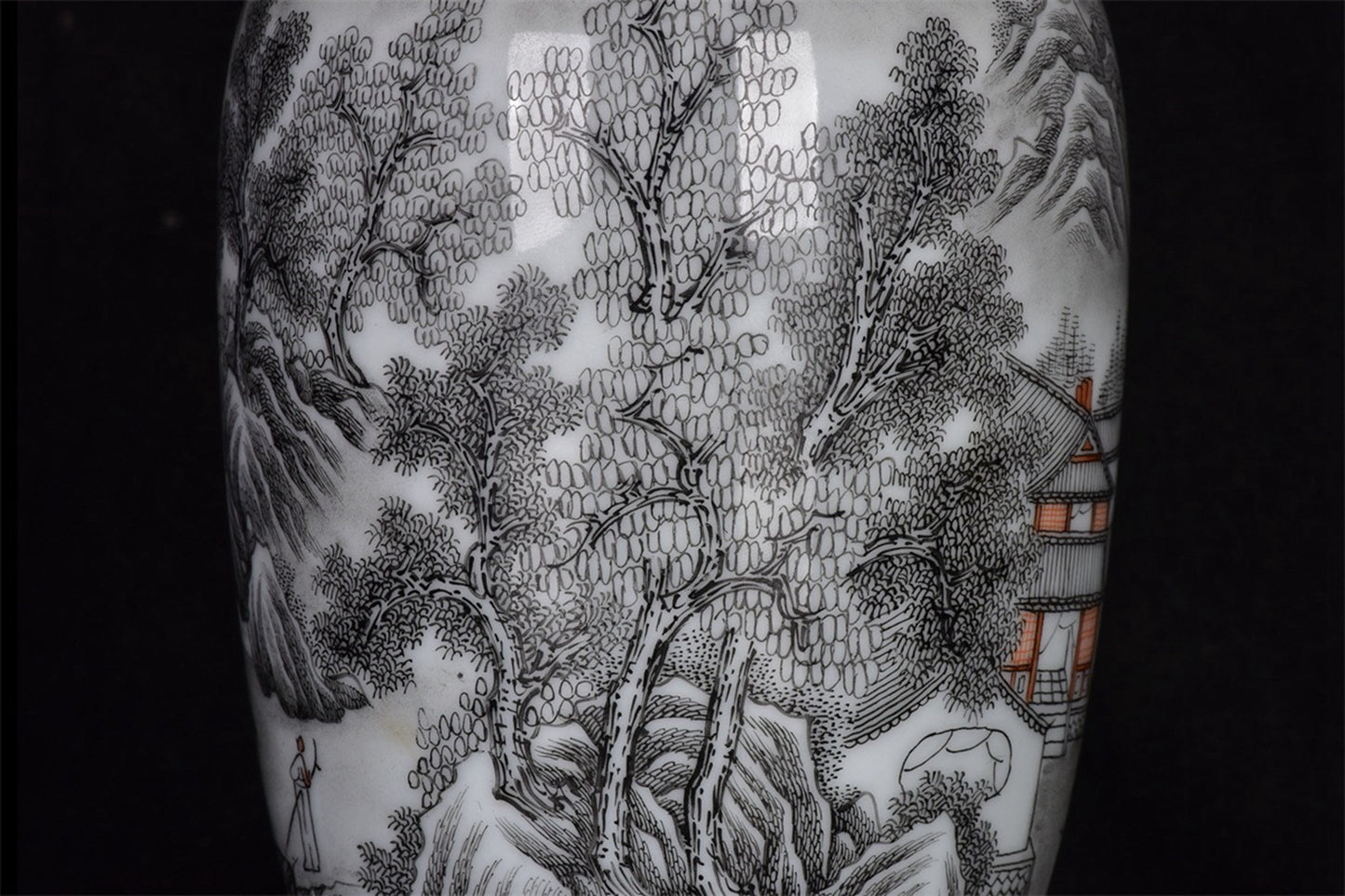 Chinese antique ink colored landscape patterned long necked bottle