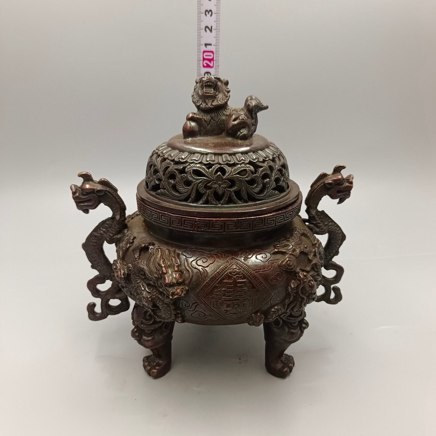 Chinese Antique Double Dragon Fushou Stove, Lion Lid Stove, Copper Smoke Incense Stove